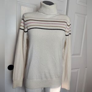 Lands' End 100% Cashmere Cream Women's Striped Turtleneck Sweater Size M  NWT